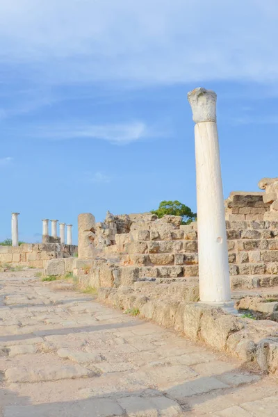 Şaşırtıcı Korint sütunları arka planda antik kalıntıları ve yukarıdaki mavi gökyüzü ile dikey bir resim üzerinde yakalanan. Salamis, Kuzey Kıbrıs'ta çekilmiş. Salamis ünlü antik Yunan şehir devleti oldu