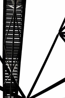 Bottrop Tetrahedron merdiven ve çelik konstrüksiyon dikey siyah beyaz fotoğraf, Almanya gökyüzüne karşı aşağıdan alınmıştır. Bir maden dökümü üzerinde popüler dönüm noktası bir bakış açısı olarak hizmet vermektedir