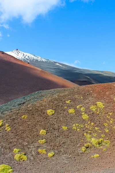 Amazing volcanic landscape of Silvestri craters on the Mount Etna, Sicily, Italy captured on a vertical photography with blue sky. Popular tourist attraction — Stock Photo, Image