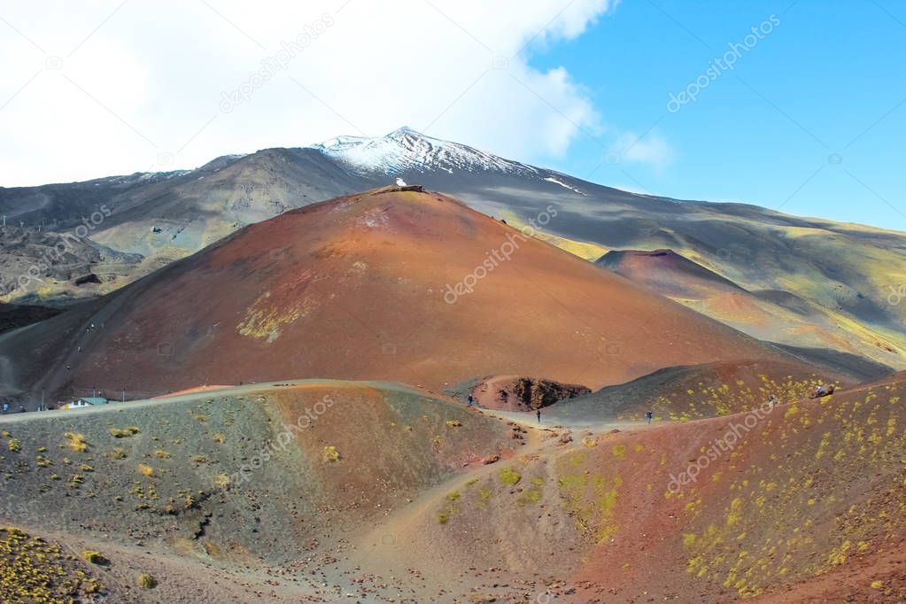Beautiful view of Mount Etna and adjacent Silvestri craters, Sicily, Italy. Etna volcano and its volcanic landscape is a popular tourist attraction