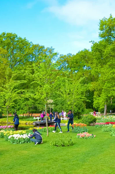 Keukenhof, Lisse, Netherlands - Apr 28th 2019: Visitors walking in amazing Keukenhof gardens during spring. Green trees and beautiful colorful flowers, typically Holland tulips. Dutch Tourist spot — Stock Photo, Image