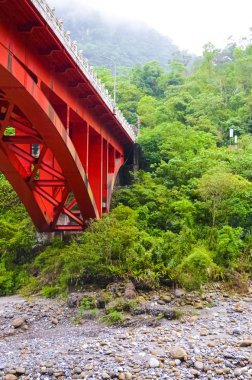 Tayvanlı Taroko Gorge kırmızı köprü dikey fotoğraf. Taroko Milli Parkı popüler bir turizm merkezidir. Nehir kıyısı çevreleyen yeşil tropikal orman. Ağaçların üstünde sis var. Sis, yağmurlu