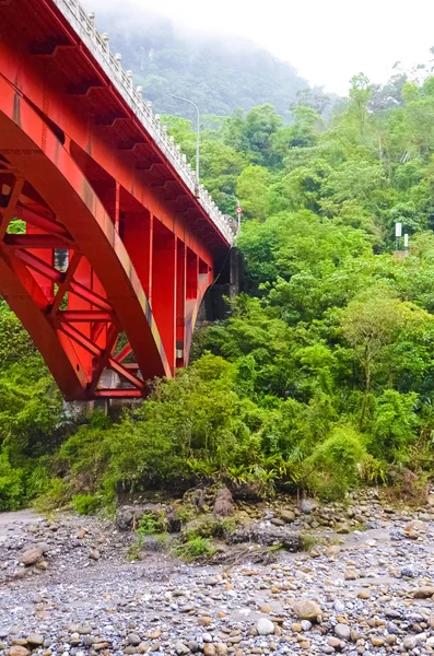 Vertical photo of red bridge in Taiwanese Taroko Gorge. Taroko National Park is a popular tourist destination. Green tropical forest surrounding river bank. Mist above trees. Fog, rainy — Stock Photo, Image