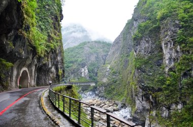 Taroko Milli Parkı Taroko Gorge Amazing görünümü, Tayvan. Tayvan manzarası. Nehir boyunca dik kayalar, yeşil orman. Sisli sis, yağmurlu hava. Asya doğası. İnanılmaz yerler