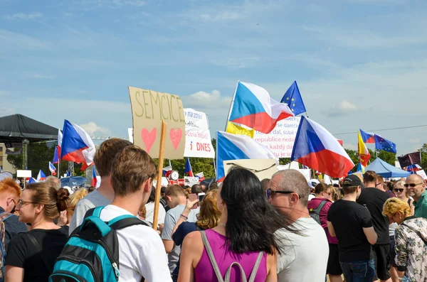 Praga, República Checa - 23 de junio de 2019: multitud de personas protesta contra el Primer Ministro Babis y el Ministro de Justicia por Letna, plan Letenska. Manifestación pidiendo dimisión. Democracia, protesta — Foto de Stock