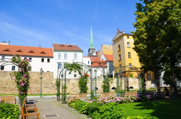 Edificios históricos en el centro de la ciudad con la Catedral de San Bartolomé fotografiado desde el parque verde adyacente en Krizikovy sady, Pilsen, República Checa. Plzen, Bohemia Occidental — Foto de Stock