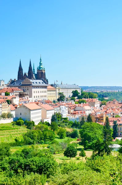 Hermoso horizonte de Praga, la capital checa, capturado desde la colina de Petrin en el centro de la ciudad. Castillo de Praga y Catedral de San Vito. Increíbles paisajes urbanos. Praga, Chequia — Foto de Stock