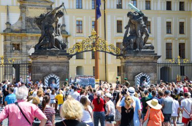 Prague, Czech Republic - June 27th 2019: Crowd watching the traditional ceremony of Honor Guard changing in front of Prague Castle. National service, honor guard. Army, Czechia