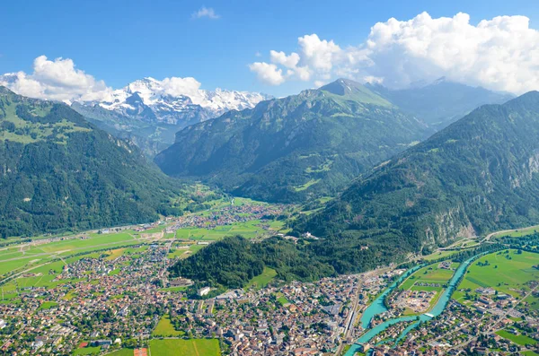 Amazing view of Interlaken and adjacent mountains photographed from the top of Harder Kulm, Switzerland. Swiss Alps. Beautiful landscapes. Amazing landscape. Jungfrau, river