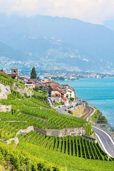 Pionowe zdjęcie pięknej winiarskiej wsi św Saphorin w regionie Lavaux wina, Szwajcaria. Szwajcarskim sezonie letnim. Niesamowite Jezioro Genewskie w tle. Tarasowe winnice nad jeziorem. Szwajcarskie pejzaże — Zdjęcie stockowe