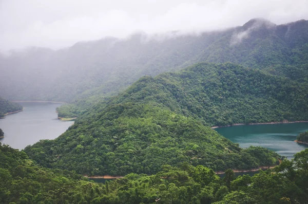 Ködös táj Thousand Island-tó Tajvanon, Ázsiában. Tó köd veszi körül, trópusi erdők, esőerdők. A Moody időjárás. Vintage retro, csípő stílus — Stock Fotó