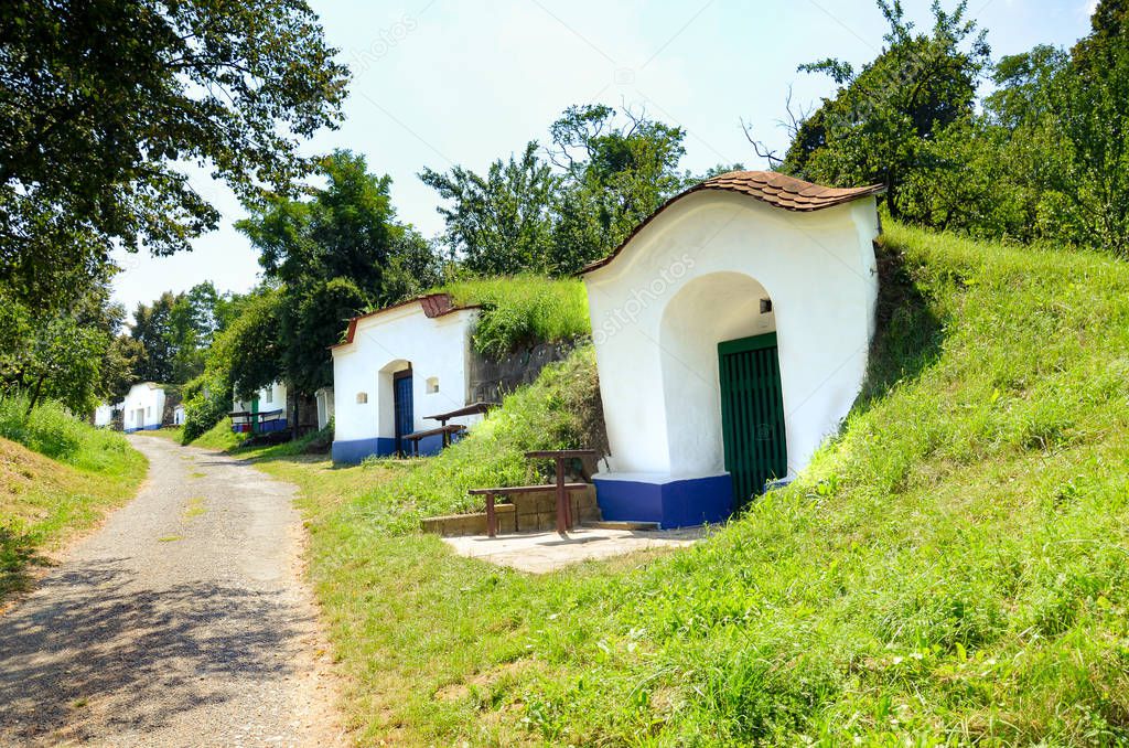 Group of typical wine cellars in Moravia, Czech Republic. Moravia wine region, tourism. Traditional buildings. Tourist attractions. Winemaking, viticulture