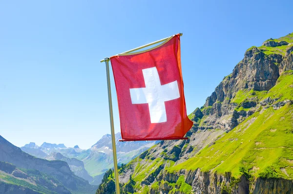Waving flag of Switzerland with summer mountain landscape in background. National symbol. Swiss Alps. White cross on red field. National concept. Switzerland summer