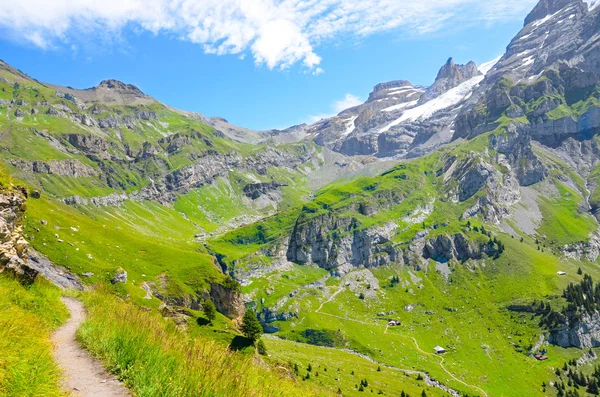 Hermoso paisaje alpino fotografiado en temporada de verano. Sendero de senderismo rodeado de rocas, montañas y verdes pastos. Alpes suizos en verano. Suiza paisaje. Zona de Kandersteg — Foto de Stock