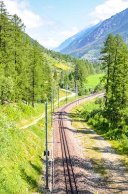 Güneşli bir günde fotoğraflanan yeşil ormanla çevrili boş demiryolu parkuru. Arka planda dağlar. Demiryolu, demiryolu. Ulaşım araçları. Ulaşım konsepti