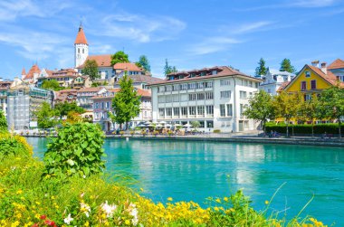 İsviçre'de Aare Nehri kıyısında ki çiçek yatağı. Arka planda İsviçre şehri Thun tarihi merkezi, kısmen bulanık. Şehrin baskın ünlü bir kaledir. Güzel İsviçre şehirleri