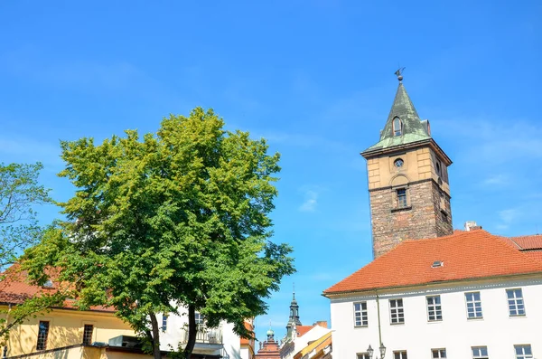 Historiska vattentornet, Vodarenska vez, i Pilsen, Tjeckien en solig dag med grönt träd. Plzeň stad, Böhmen, Tjeckiska republiken, Östeuropa. Populär turistattraktion i gamla stan — Stockfoto