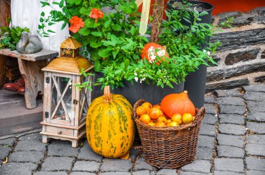 Güzel sonbahar sokak dekorasyonu. Tahta lamba, kabak, turuncu balkabağı ve elmalı hasır sepet. Renkli sonbahar dekoru, yılın mevsimleri. Cadılar Bayramı geçmişi