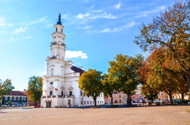 Town Hall on and adjacent Town Hall Square in Kaunas, Lithuania photographed in the autumn season with fall leaves. Second largest Lithuanian city, Baltic states, Baltics clipart