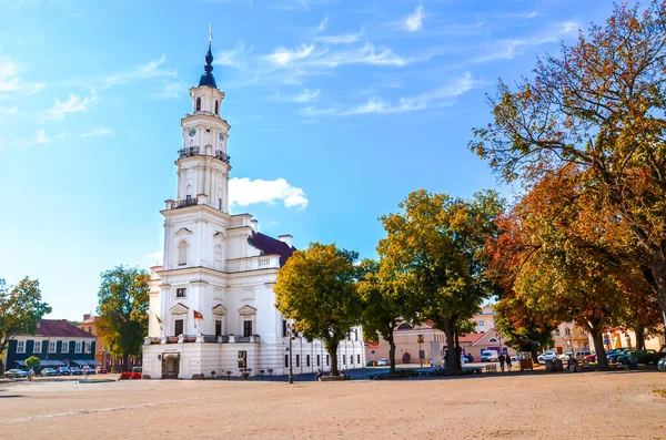 Ayuntamiento en y adyacente Plaza del Ayuntamiento en Kaunas, Lituania fotografiado en la temporada de otoño con hojas de otoño. Segunda ciudad lituana más grande, estados bálticos, países bálticos — Foto de Stock