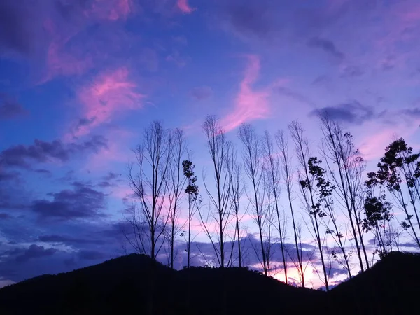 Pôr Sol Céu Com Montanha Árvore — Fotografia de Stock