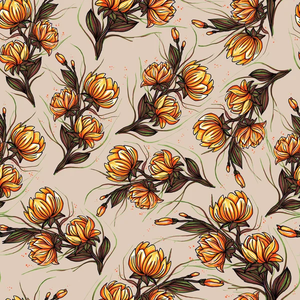 Belle Big floraison fleurs de lys botanique design de motif sans couture pour la mode, tissu, et toutes les impressions sur la couleur de fond orange rétro — Photo