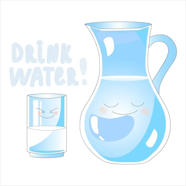 Karaffe und ein Glas Wasser. Trinken Sie mehr Wasser. Grafikdesign-Konzept der Vorteile von Trinkwasser, Gründe, Wasser zu trinken — Stockvektor