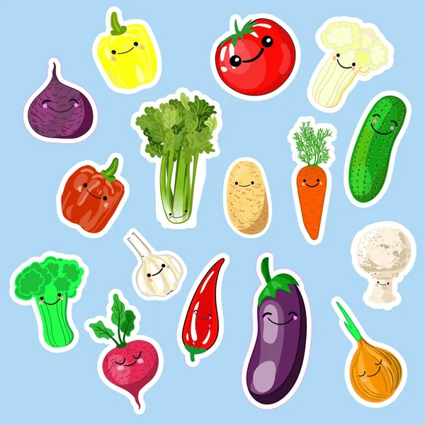 A set of kawaii stickers or patches with - vegetables - tomatoes, cucumbers, radishes, onions, pollock, eggplants, broccoli, celery, cauliflower, potatoes, beets, carrots on a white and blue backgroun — Stock Vector