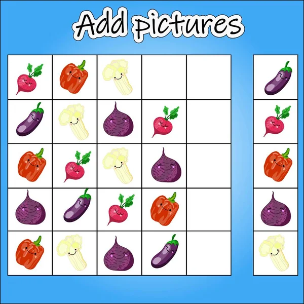 Resim Sudoku çocukların mantıksal düşünme gelişimi için eğitici bir oyundur. Zorluk seviyesi 1. Tema sebzeler . Resimleri istenilen hücrelere ekleyin. Vektör çizimi. — Stok Vektör