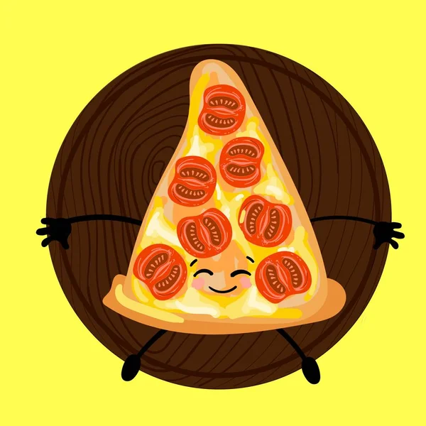 Pizza é um personagem bonito com um rosto. Pizza de fatia em um prato. Fundo amarelo. Para sua empresa, pizzaria, logotipo do restaurante para decorar o menu e cartões . — Vetor de Stock