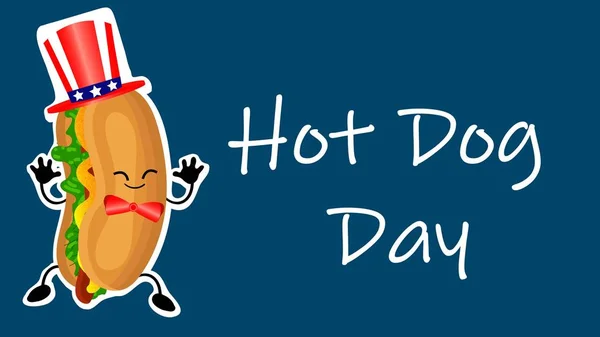 Національний хот-дог день плакат з смішний мультфільм хот-дог. Гарячий лейбл день собаки або штамп. — стоковий вектор