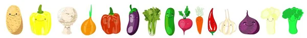 Conjunto de pegatinas kawaii o parches con - verduras - tomates, pepinos, rábanos, cebollas, pollock, berenjenas, brócoli, apio, coliflor, patatas, remolachas, zanahorias sobre un fondo blanco — Vector de stock