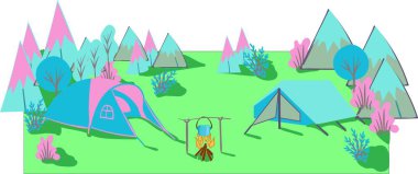 Yaz kampı. Çadırlı vahşi yaşam manzarası. Kamp ve turizm. Vektör çizimi. .