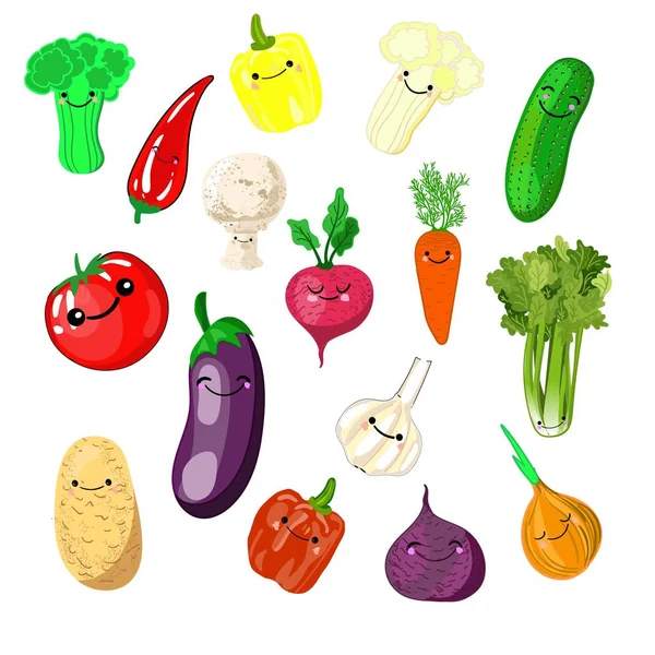 Satu set stiker kawaii atau tambalan dengan sayuran - tomat, mentimun, lobak, bawang, pollock, terong, brokoli, seledri, kembang kol, kentang, bit, wortel pada backgroun putih dan biru - Stok Vektor