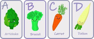 Komik karakterler ile İllüstrasyon. Karikatür tarzı Sebzeler Çocuk yazı tipi . Yazıtlar ve Eğitim için çok renkli parlak harfler kümesi. Alfabenin vektör çizimi.
