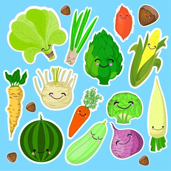 Um jogo de etiquetas kawaii ou remendos com - verduras - tomates, pepinos, batatas, beterraba, cenouras em um backgroun branco e azul . — Vetor de Stock