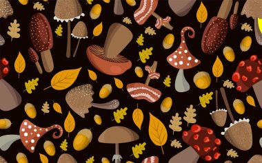 Sonbahar Dikişsiz desen. Orman mantarları, meşe palamudu ve sarı yaprakları ile desen..