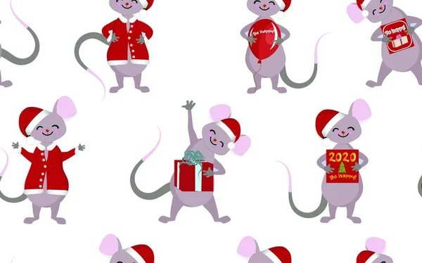 Weihnachten nahtlose Muster. Neujahrssymbole des Jahres 2020. Mäuse und Ratten mit Geschenken und Grüßen. — Stockvektor