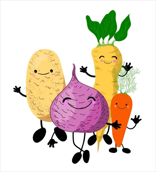 Karakter akar sayuran dengan kaki dan wajah. ilustrasi pendidikan anak-anak . - Stok Vektor