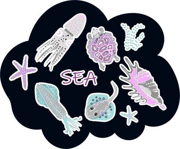 黑色背景上的海洋动物贴纸。鱿鱼、鱿鱼、海龟、海星和贝壳 — 图库矢量图片