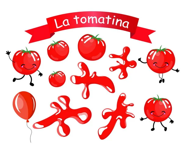 Aufkleber. isolierte Objekte zur Dekoration des spanischen Festes der Tomatenschlacht la tomatino. — Stockvektor