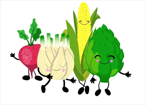 Sayuran lucu - artichoke, jagung, lobak. Karakter untuk poster anak-anak dan studi membimbing karakter sayur-sayuran . - Stok Vektor