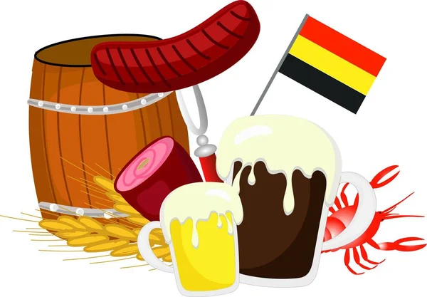맥주 배럴, 독일 국기, 자몬 및 옥토버 페스트에 대한 흰색 배경에 다른 요소. — 스톡 벡터