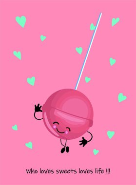 Pembe bir arka plan üzerinde sevimli chupachups karakter. çilek veya kiraz ile lolipop.