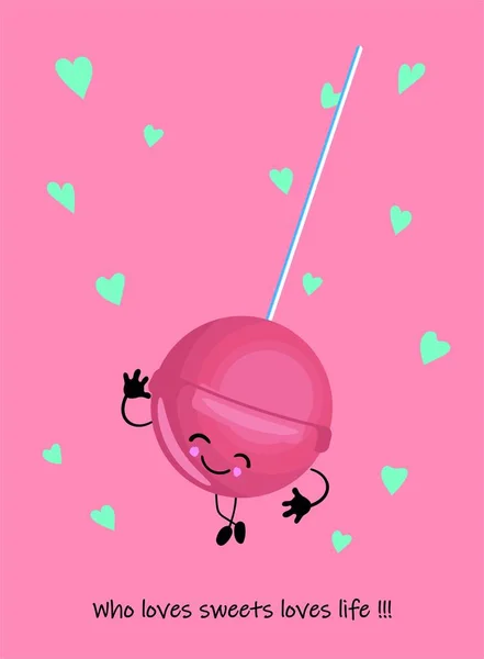 ตัวละคร Chupachups น่ารักบนพื้นหลังสีชมพู lollipop กับสตรอเบอร์รี่หรือเชอร์รี่ . — ภาพเวกเตอร์สต็อก