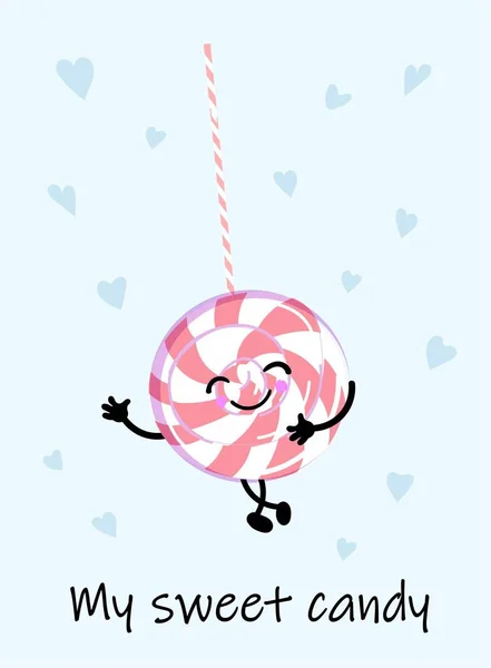 Comida dulce de dibujos animados kawaii - caramelo sonriente rosa sobre fondo blanco, plantilla de tarjeta con postre y texto - mi dulce caramelo, lindo personaje. Ilustración plana del vector . — Archivo Imágenes Vectoriales