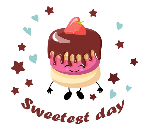 Národní den sladkostí. Přání. čokoládovou Glaze. Kreslený zábavný charakter, který žere sladké jídlo. — Stockový vektor