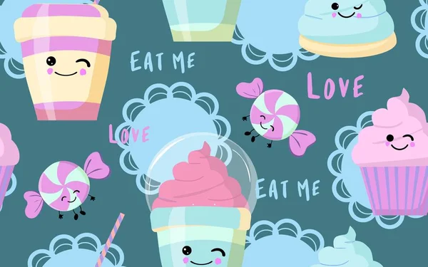 Süßigkeiten nahtlose Muster. sanfter Hintergrund mit Cocktail, Kuchen und Cupcakes. — Stockvektor