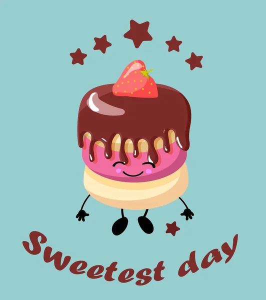 Ευχετήρια κάρτα. Ευτυχισμένο γλυκό κέικ ή κέικ με γλάσο σοκολάτας, μάτια και χαμόγελο. — Διανυσματικό Αρχείο