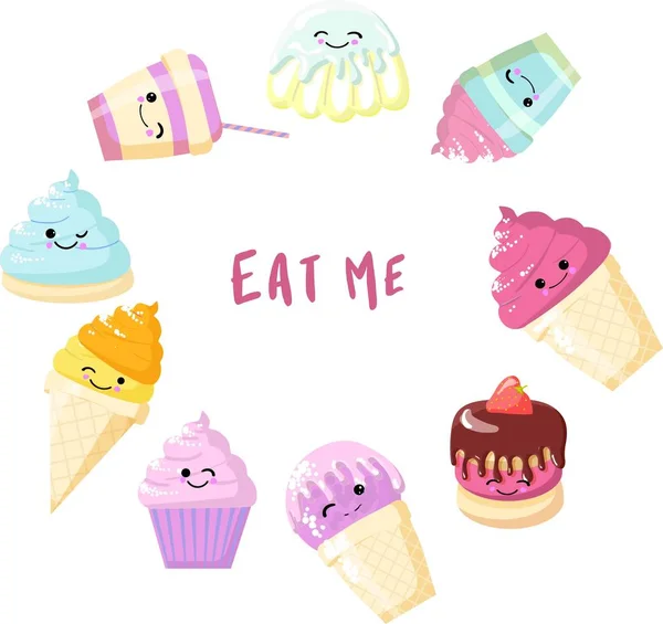 Conjunto de comida kawaii doces ou sobremesas em fundo branco, personagens bonitos para impressão, cartões. Donut, bolo, pão, doces, algodão doce, xícara de chá estão sorrindo. ilustração plana . —  Vetores de Stock